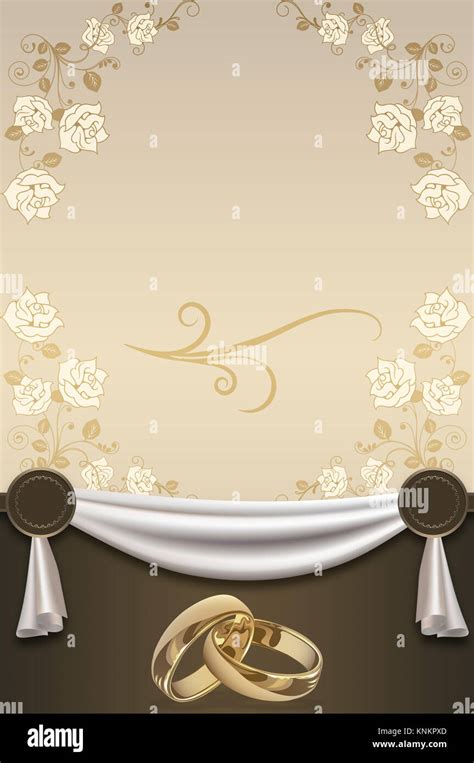 Decorative wedding background with elegant flowers of rose, gold rings ...