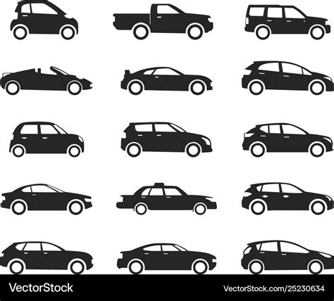 Car icon side view set black silhouette Royalty Free Vector