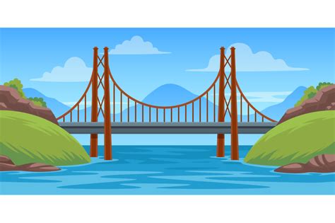 Bridge landscape. Panoramic scene with bridgework across river cartoon ...