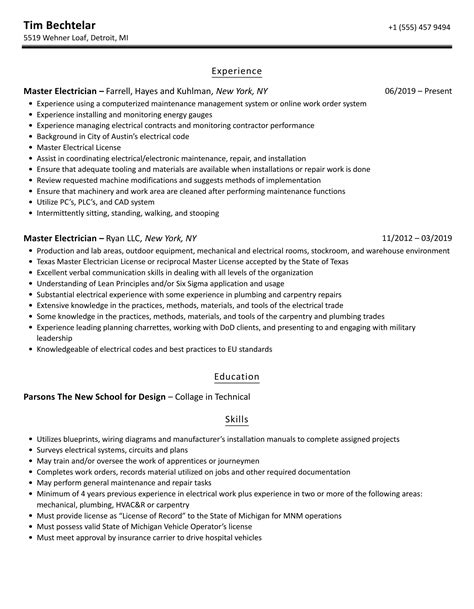 Master Electrician Resume Samples | Velvet Jobs