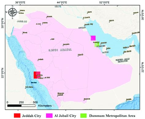 Map of Saudi Arabia illustrating the cities of Jeddah, Jubail, and ...