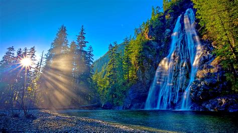 Mountain waterfall in the sun wallpapers and images - wallpapers ...