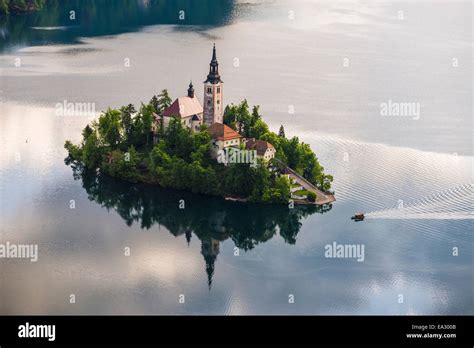 Lake Bled boat (Pletna) approaching Lake Bled Island at sunrise ...