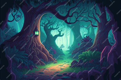 Premium Photo | Background mystical forest illustration, cartoon style ...