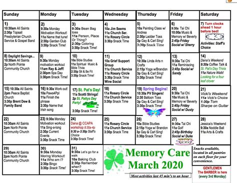 Memory Care Calendar - The Davis Community