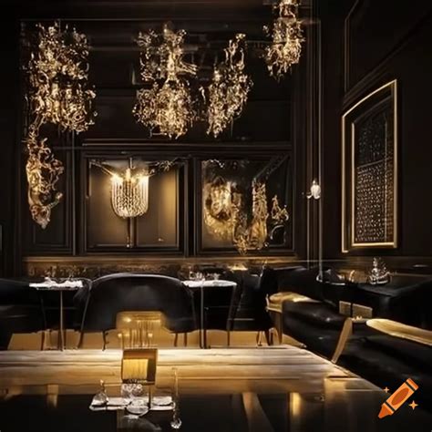 Luxurious black and gold restaurant interior on Craiyon