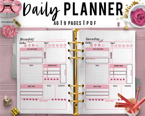 A6 Pink Daily Planner Printable Day Organizer Daily Agenda Exercise ...