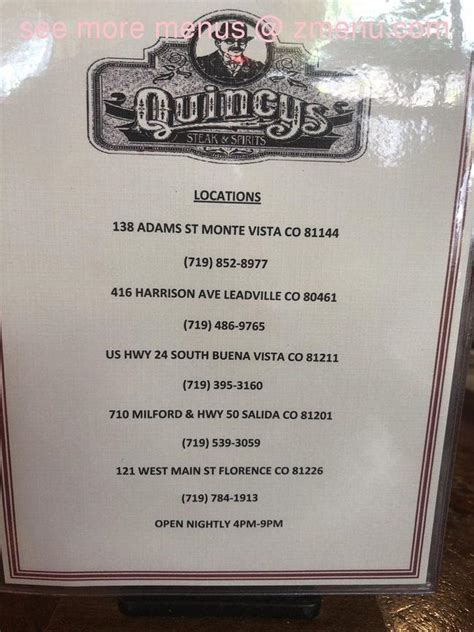 Online Menu of Quincys Restaurant, Florence, Colorado, 81226 - Zmenu