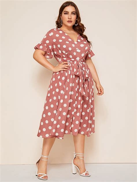 Plus Polka Dot Flounce Sleeve Belted Dress | Casual dresses with ...