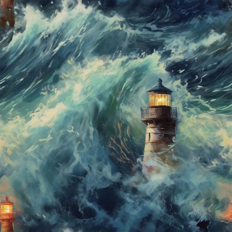 Premium AI Image | Painting of a lighthouse in a storm with a light on ...