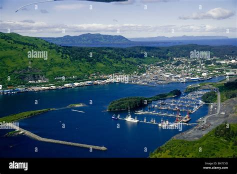 Aerial view of the city of Kodiak, Kodiak Island, Alaska, Summer Stock ...