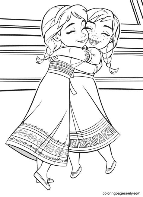 Sisters Elsa and Anna hug Coloring Page - Free Printable Coloring Pages