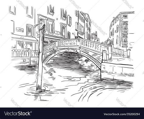 Vector hand drawing illustration of bridge on canal in Venice. Venice ...