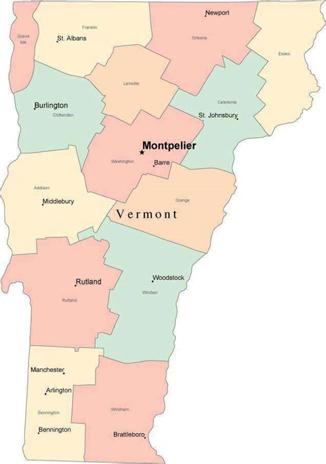 Multi Color Vermont Map with Counties, Capitals, and Major Cities