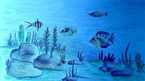 How to draw underwater scenery/Ocean scenery/Colourful fish drawing ...