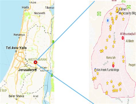 A map of Palestine showing the city of Ramallah in the west bank ...