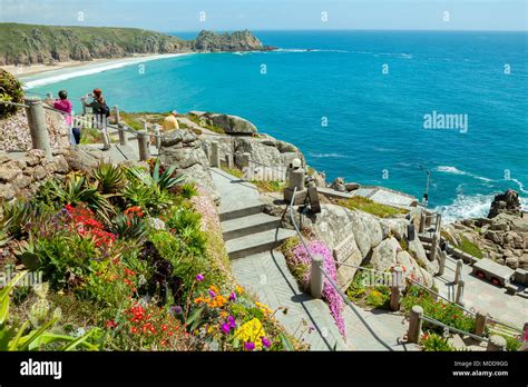 Minack theatre, view over the Porthcurno beach, Cornwall Stock Photo ...