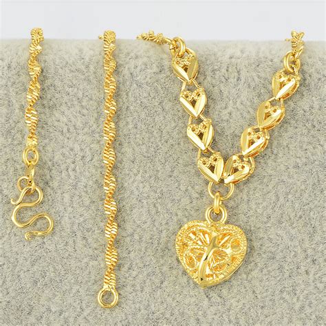 24K Yellow Gold Filled Womens Charms Heart Pendants Water Wave Chain ...