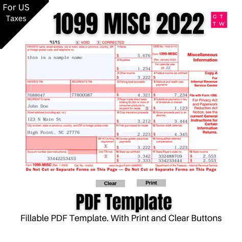 2022 1099-MISC IRS Forms Print Template PDF Fillable With - Etsy