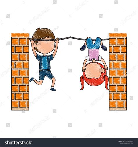 Little Kids Couple Hanging Rope Characters Stock Vector (Royalty Free ...