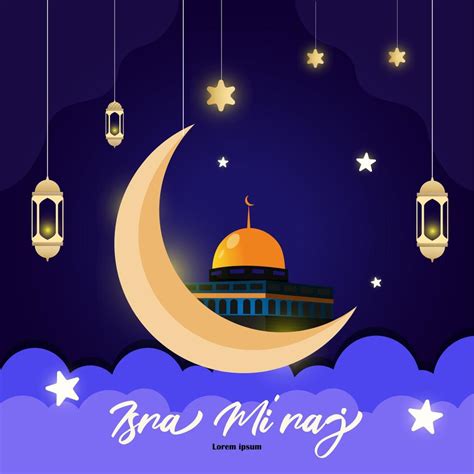 isra miraj vector illustration with lantern, moon light, and aqsa ...