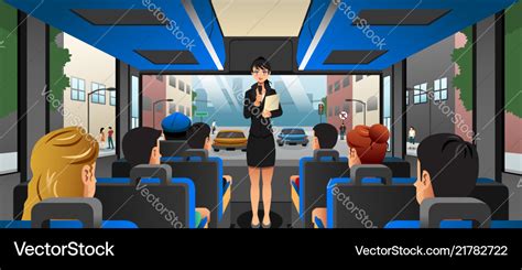 Tour guide talking to tourists in a bus Royalty Free Vector