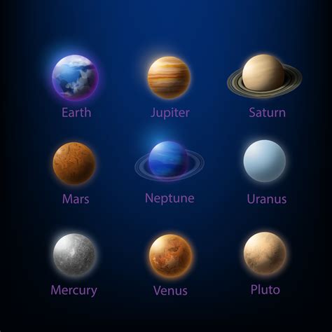 Vector realistic, 3d set of solar system planets. Illustration of nine ...