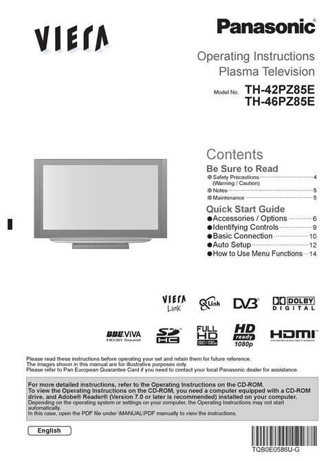 PANASONIC VIERA TH-42PZ85E OPERATING INSTRUCTIONS MANUAL Pdf Download ...