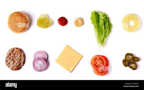 burger ingredients isolated on white background. top view Stock Photo ...