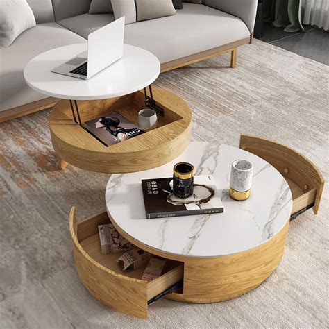 Modern Round Coffee Table with Storage Lift-Top Wood & Stone Coffee ...