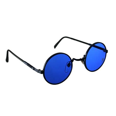 blue round metal sunglasses cobalt blue lens Retro Goth