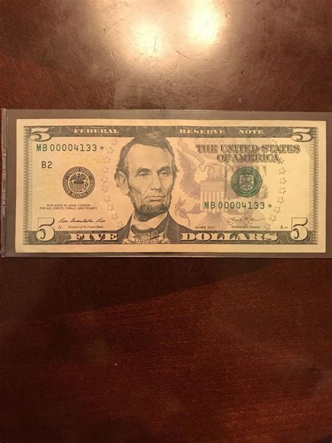 $5 Dollar Bill Star Note Very Low Serial Number MB 00004133* Series ...