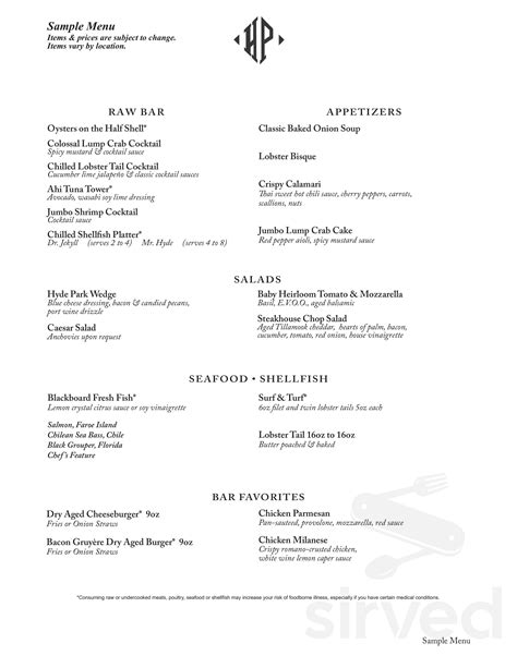 Hyde Park Prime Steakhouse menu in Beachwood, Ohio, USA