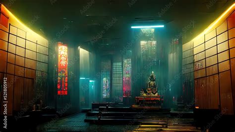 Cyberpunk temple, japanese abstract illustration, futuristic city ...