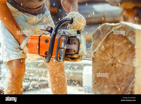 Man with a chainsaw cutting a tree for construction Stock Photo - Alamy