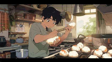 Premium AI Image | Anime boy cooking food in a kitchen with a large pan ...