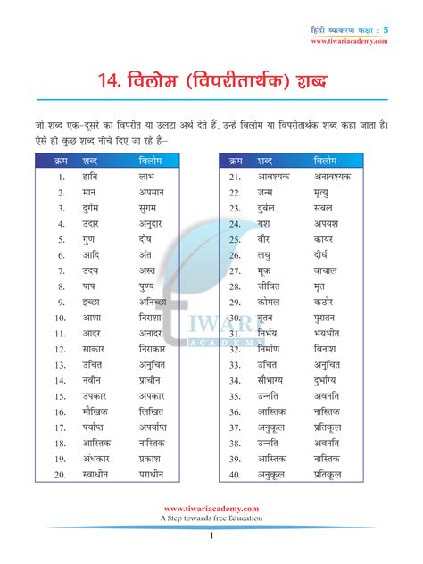 Vilom Shabd Worksheet For Class 5