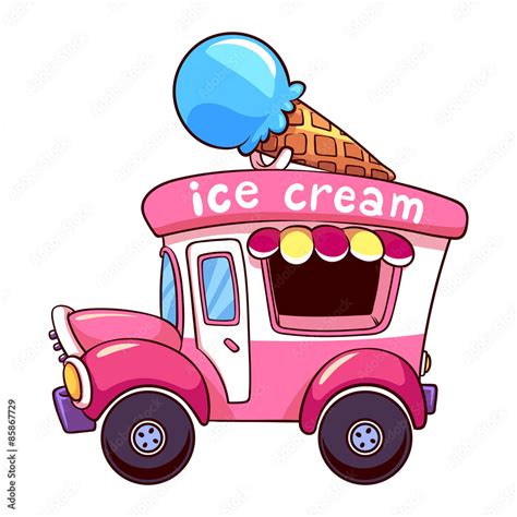 Cartoon pink ice cream truck on а white background Stock Vector | Adobe ...