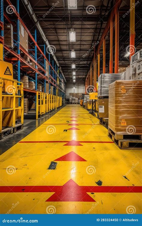 Warehouse Floor Marked with Safety and Directional Signs Stock ...