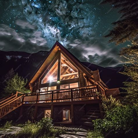 Premium Photo | Starry night sky over a cabin with a deck and stairs ...