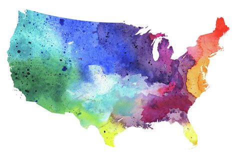 Map of the United States with Watercolor Texture in Rainbow Colors ...