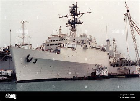 A port bow view of the miscellaneous flagship USS LA SALLE (AGF-3 ...