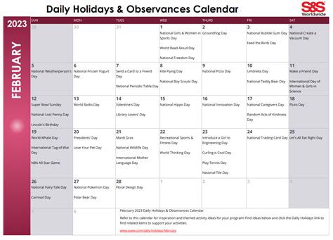 February Daily Holidays & Observances Printable Calendar - S&S Blog