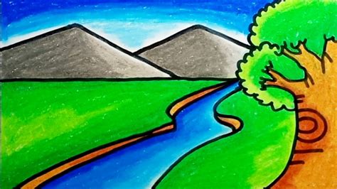 How To Draw River Scenery With Oil Pastels |Drawing River Scenery Very ...