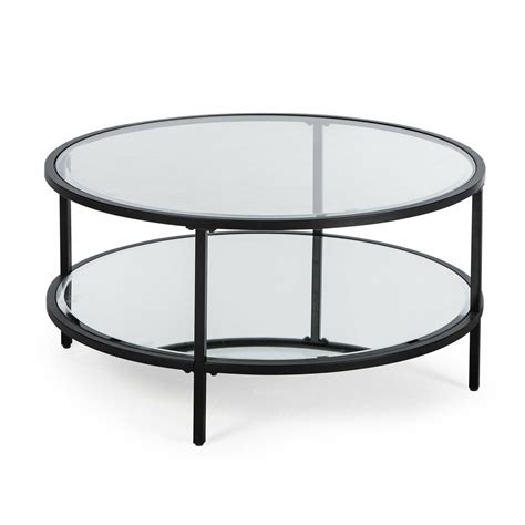 Contemporary Glam Metal Glass Modern Round Black Coffee Table w/ Shelf ...