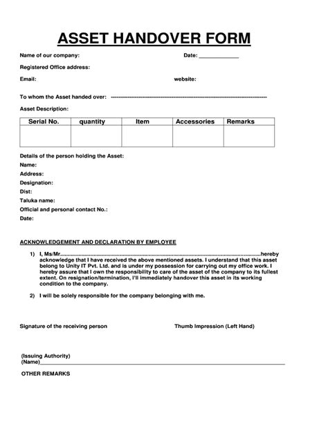 Asset Handover Form - Fill Online, Printable, Fillable, Blank | pdfFiller