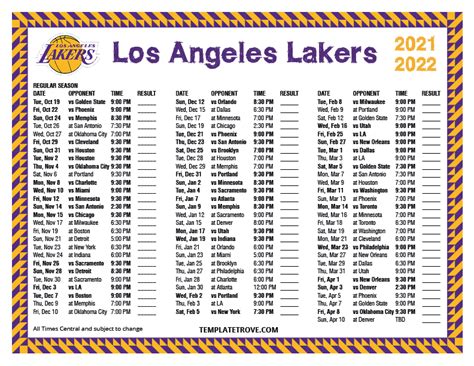 Printable 2021-2022 Los Angeles Lakers Schedule