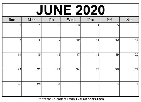 Free June 2020 Calendar | 123Calendars.com