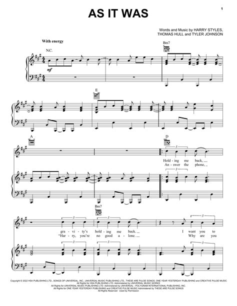 Harry Styles "As It Was" Sheet Music Notes | Download Printable PDF ...