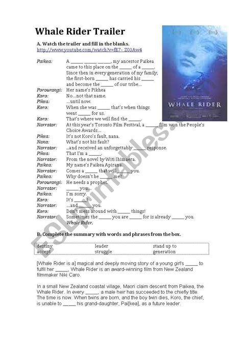 Whale Rider Trailer and Summary - ESL worksheet by chrissmolder